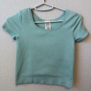 Athleta Girl Ribbed Short Sleeve Top Youth Size Large 12 Teal Green Activewear